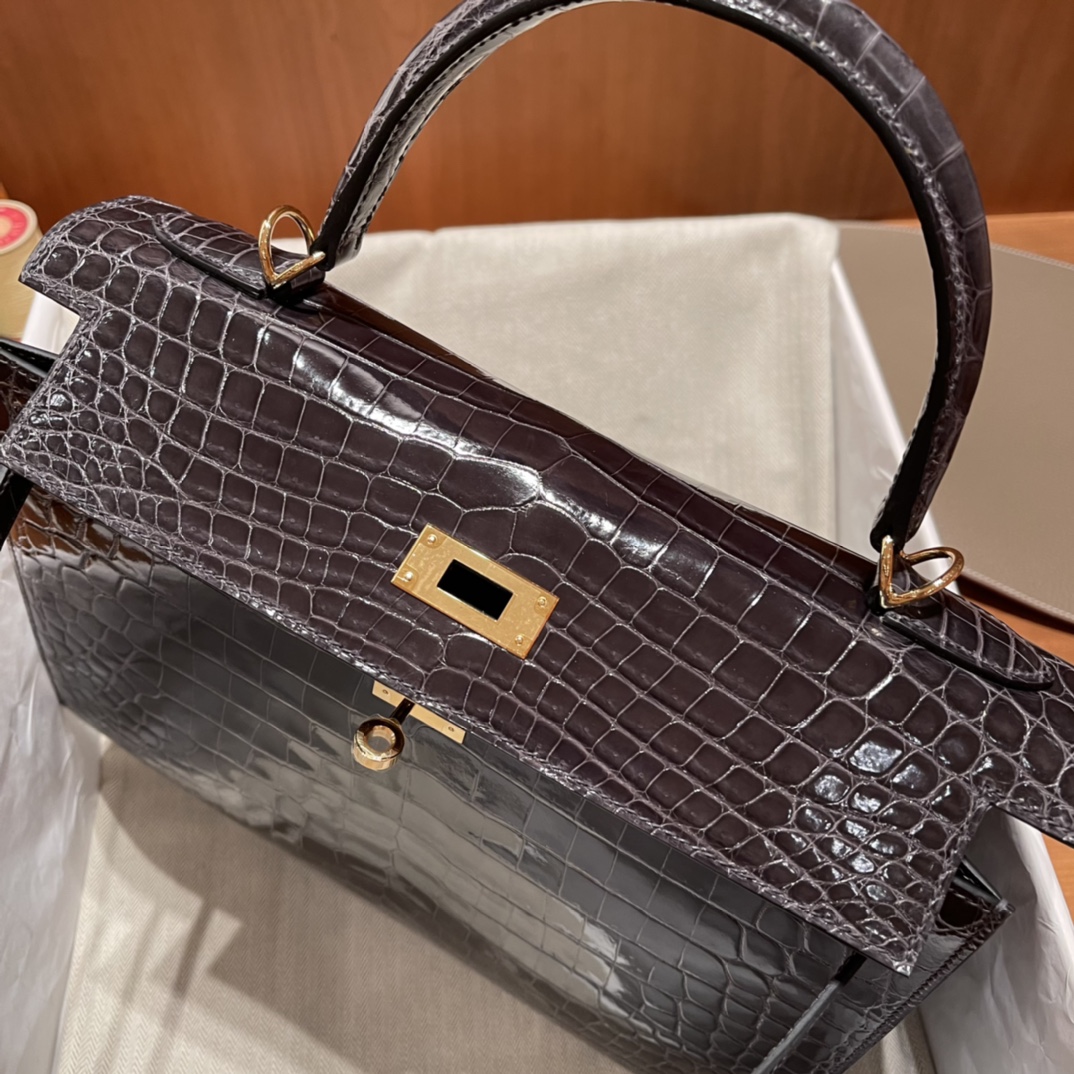 에르메스 켈리백32 브라운 금장 샤이니 악어가죽